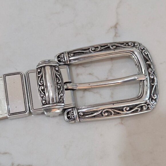 Brighton Vintage Belt Medium 30" Tan White Reversible 90's Thick Leather Silver - Picture 2 of 10